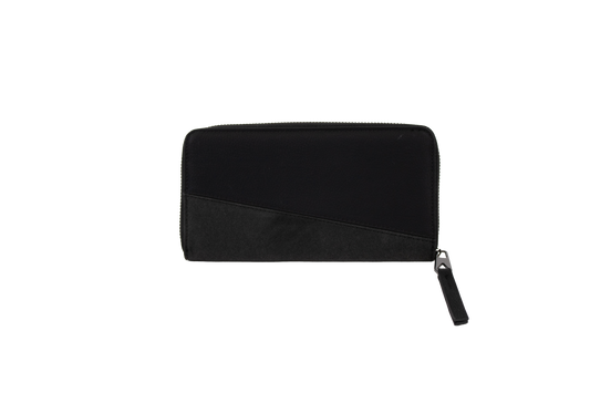 A black Women's Palmcation wallet by Volcom, checkbook-sized with a wrist strap, is displayed against a plain white background. The wallet features a distinctive diagonal seam detail on the front, making it an ideal everyday companion.