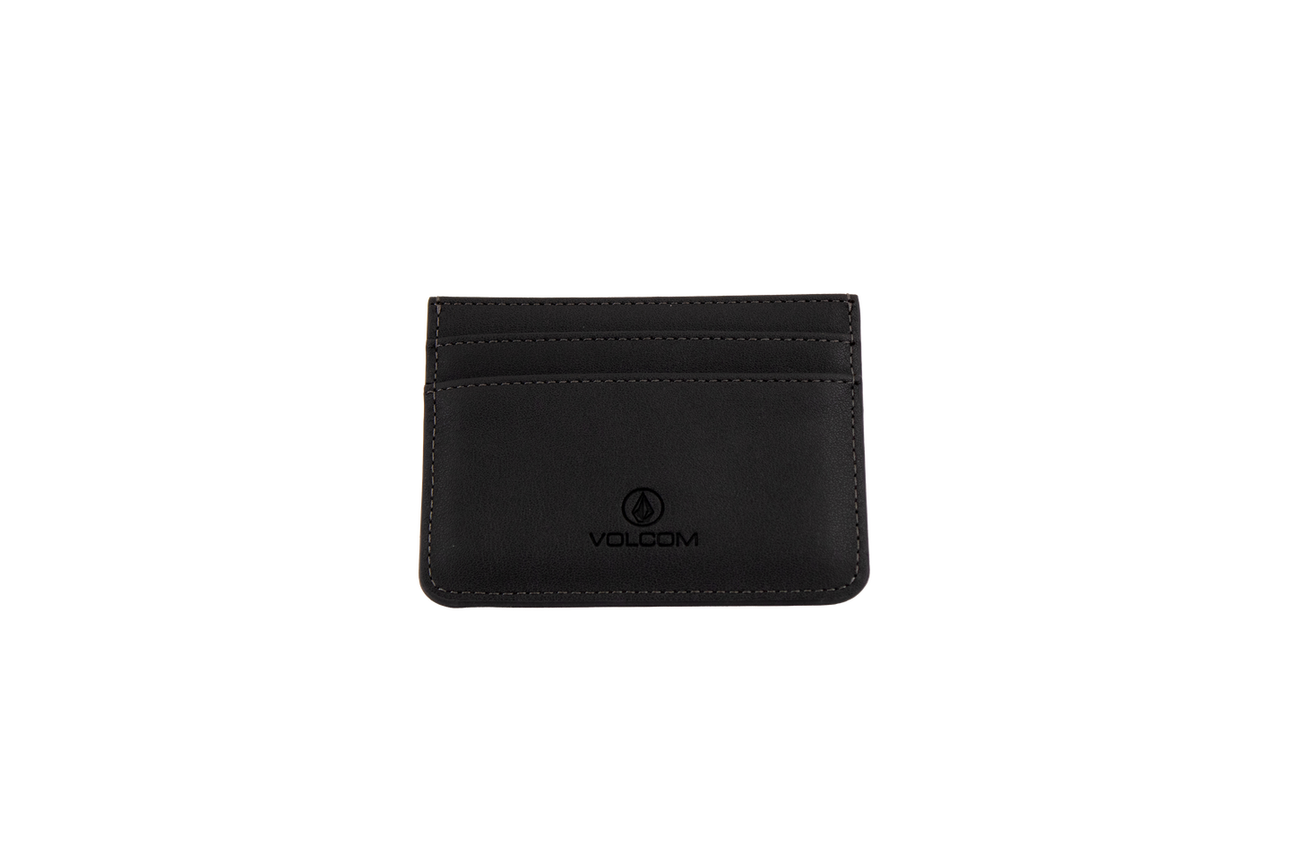 A black Volcom Women's Studette Card Wallet featuring two card slots, simple stitching, and the Volcom logo embossed on the front, displayed on a plain white background.