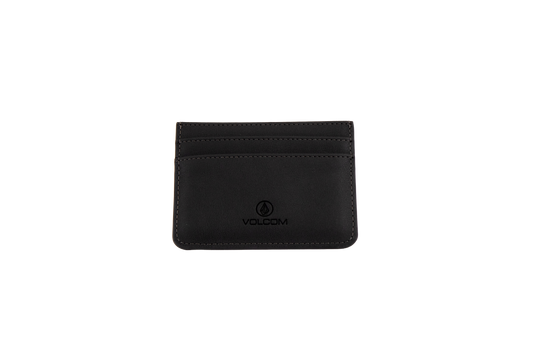 A black Volcom Women's Studette Card Wallet featuring two card slots, simple stitching, and the Volcom logo embossed on the front, displayed on a plain white background.