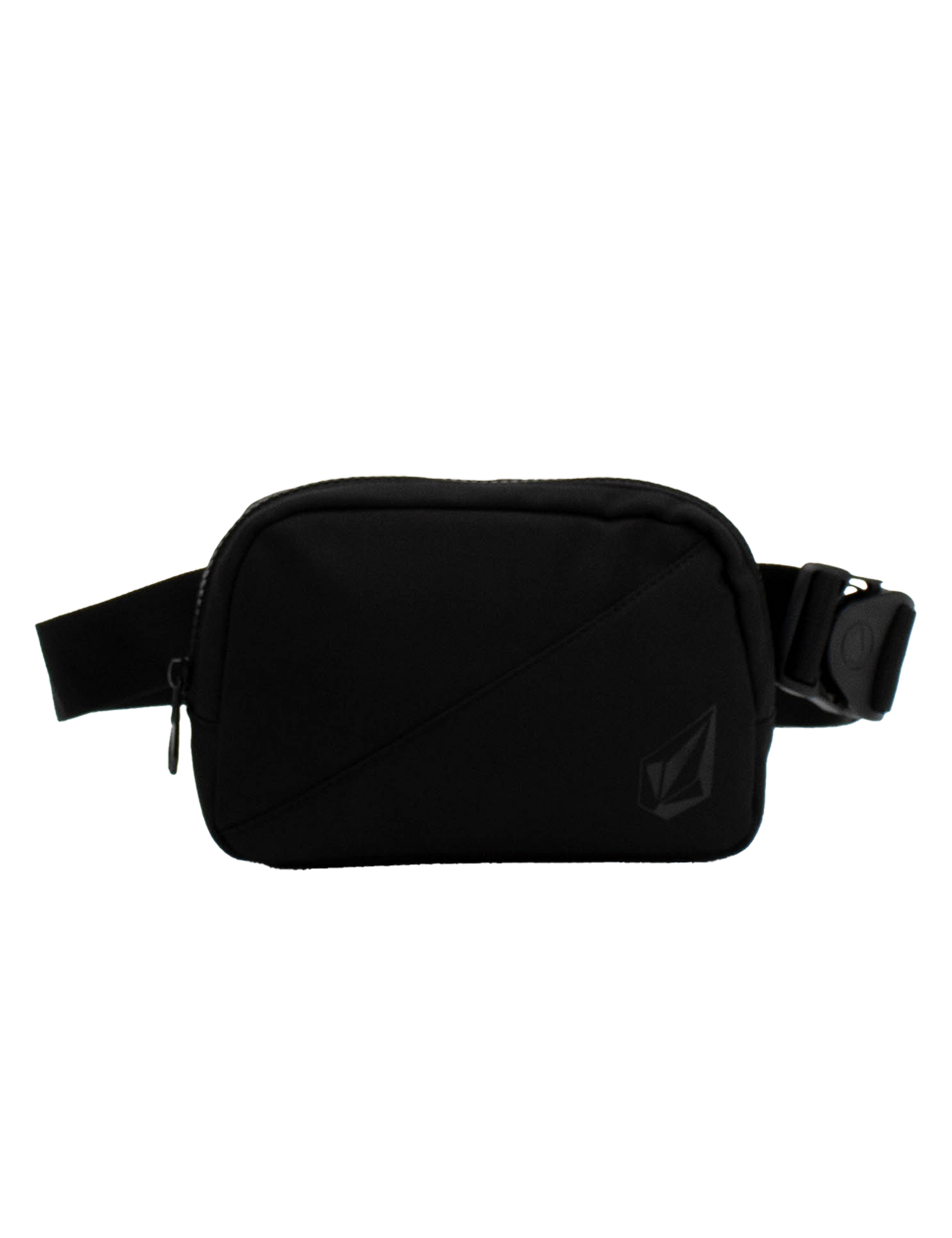 Introducing the Volcom Women's Carryall—a compact black waist bag featuring a zippered main compartment, adjustable strap, and a subtle embossed logo on the front. Its simple, minimalistic design makes it ideal for carrying your daily essentials or using as a convenient travel accessory.