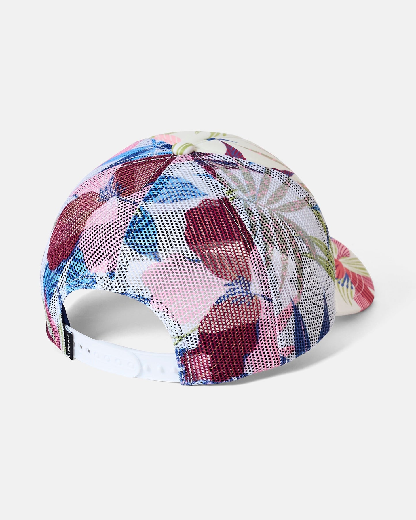 A Volcom Women's Into Paradise Trucker hat, shown from the back on a plain light background, features a vibrant floral mesh-back design and an adjustable white snap closure—offering sun protection with a stylish flair.