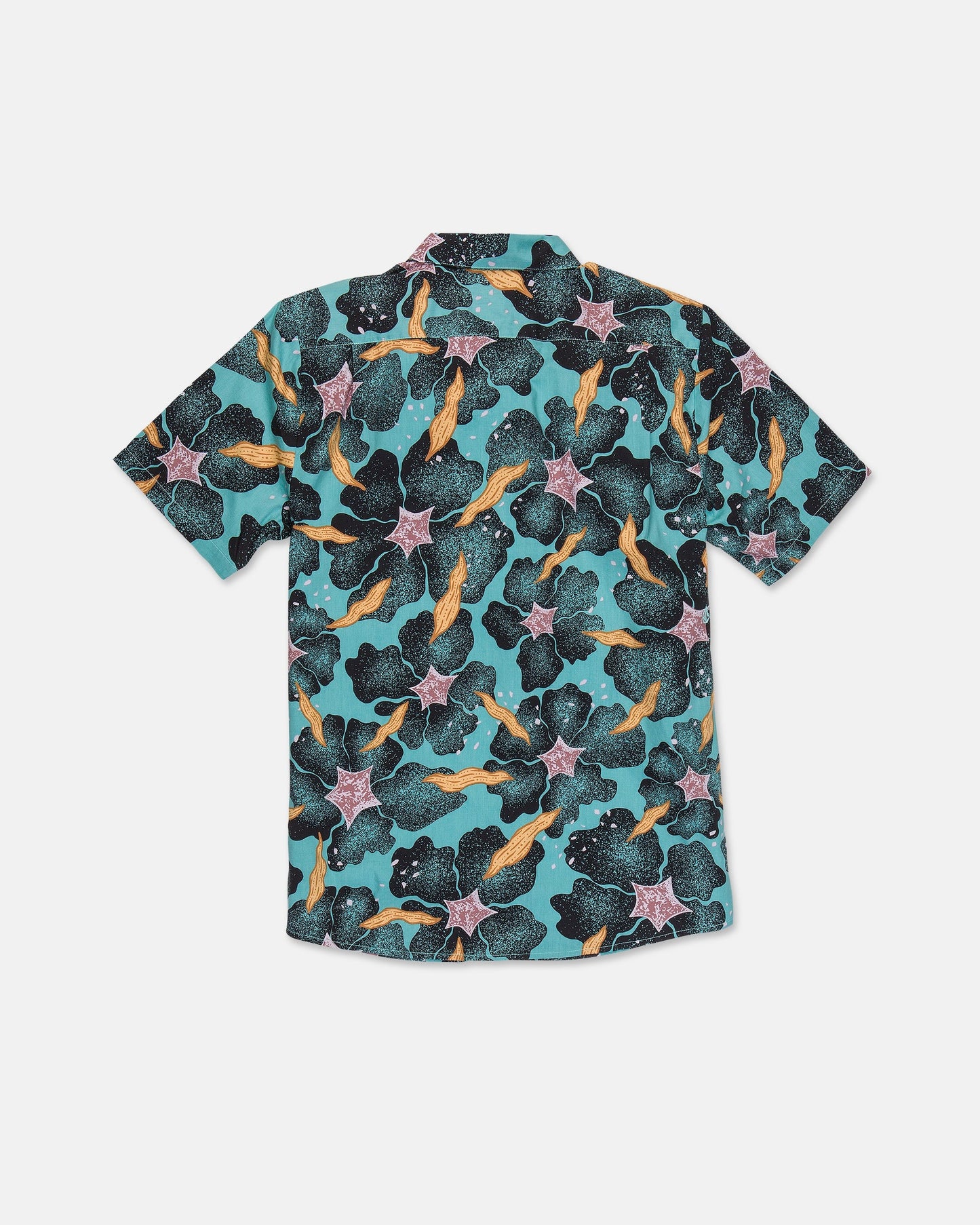 Men's Concrete Jungle Short Sleeve Shirt by Volcom features a vibrant underwater pattern with fish, seaweed, and starfish on a teal background. Made from breathable cotton-viscose for comfort, this classic fit shirt is displayed flat with the back facing up.