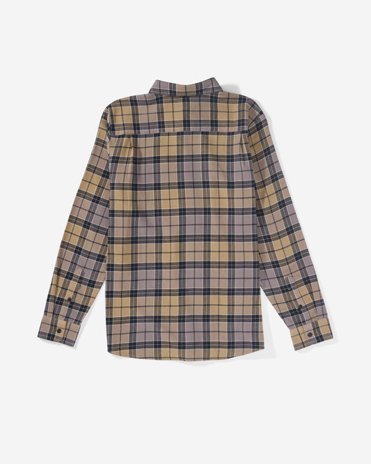 The Volcom Men's Caden Plaid Long Sleeve shirt displays a beige, black, and gray plaid pattern, shown from the back on a white background.