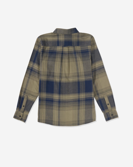 The Volcom Men's Parkstone Long Sleeve Shirt features a navy blue and khaki plaid pattern, button-down design, and buttoned cuffs, shown from the back on a white background.