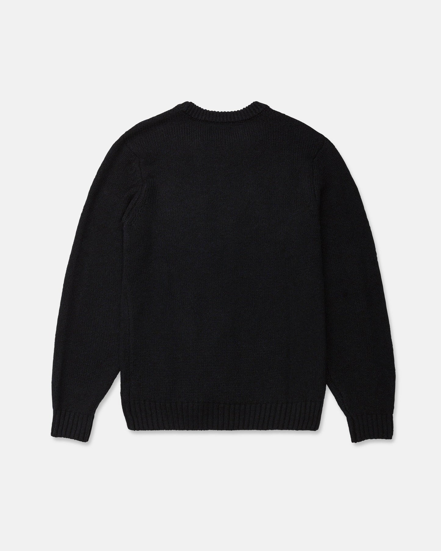 The Men's Edmonder II Sweater by Volcom is displayed laid flat facing backward on a white background. Crafted from recycled polyester, this plain black crew neck sweater features ribbed detailing at the neckline, cuffs, and hem.