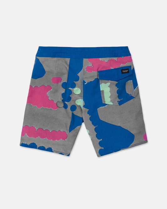 The Volcom Men's Featured Artist Antonio Carrau Stoney Trunks showcase a vibrant abstract pattern in blue, gray, pink, and mint green. Designed with the signature Cinch Fly for enhanced comfort, these 18" Stoney trunks feature a back pocket with a black label detail and are displayed flat on a white background.