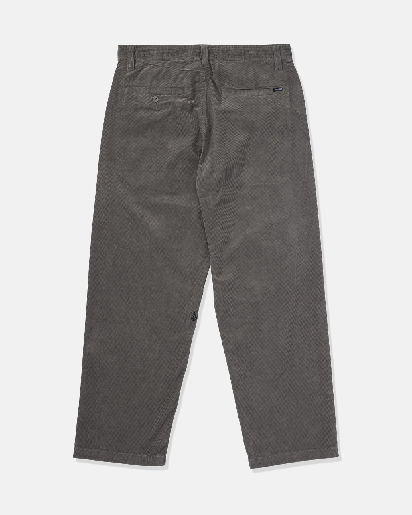 Back view of Volcom Men's Frickin Loose Tapered Cord Pants in dark gray, featuring two back pockets—one with a button closure—displayed on a plain white background.