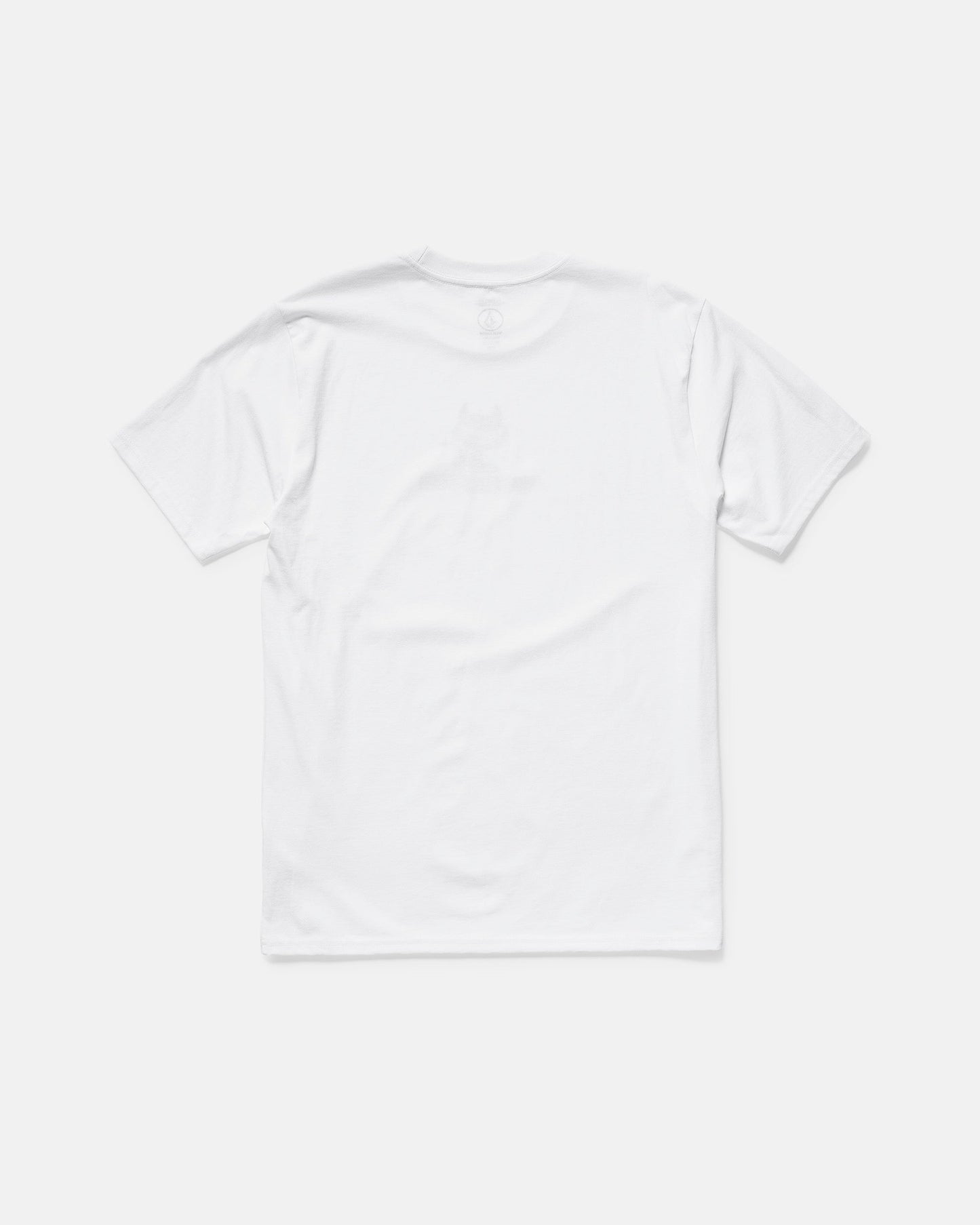 The Men’s Devilish Short Sleeve Tee by Volcom, made from 100% cotton in plain white, is displayed flat with the back side up on a light background.