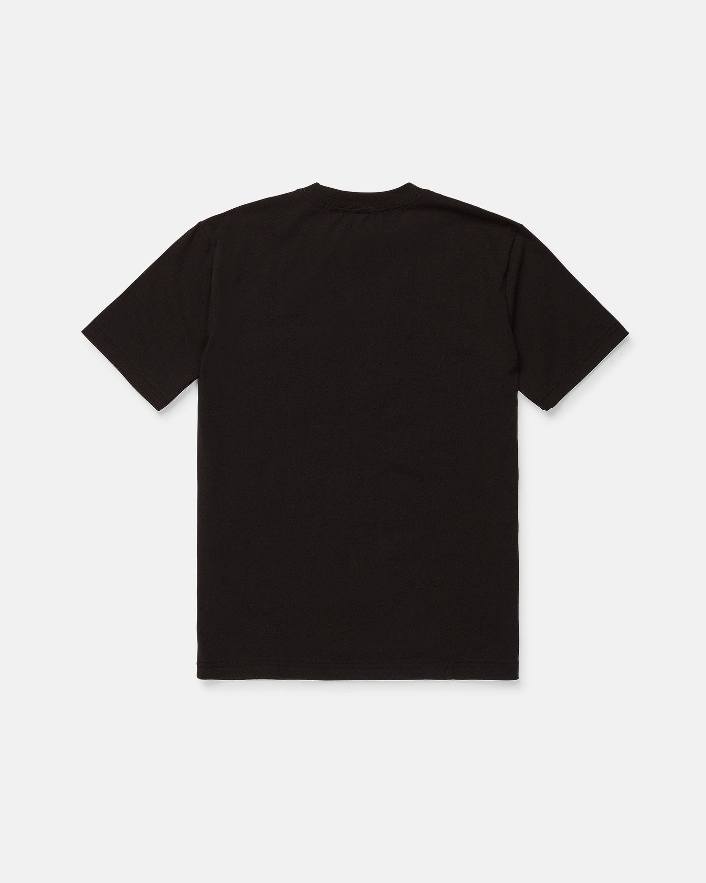 The Volcom Men's Snakes Oil Pocket Short Sleeve Tee in black is displayed laid flat on a white background, showing the back of the shirt.
