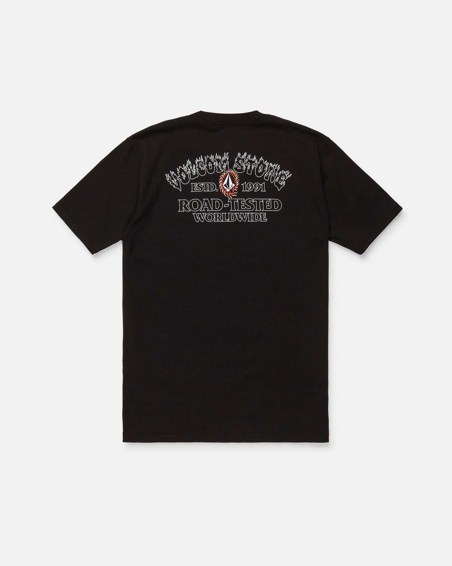 The Men's Ringafire Short Sleeve Tee by Volcom is crafted from heavy-weight premium cotton and features a striking flame graphic. The back showcases text reading "Volcom Stone, Estd. 1991, Road-Tested Worldwide," completed with a bold red and white Volcom logo beneath the text. This classic fit tee combines standout style with quality construction.