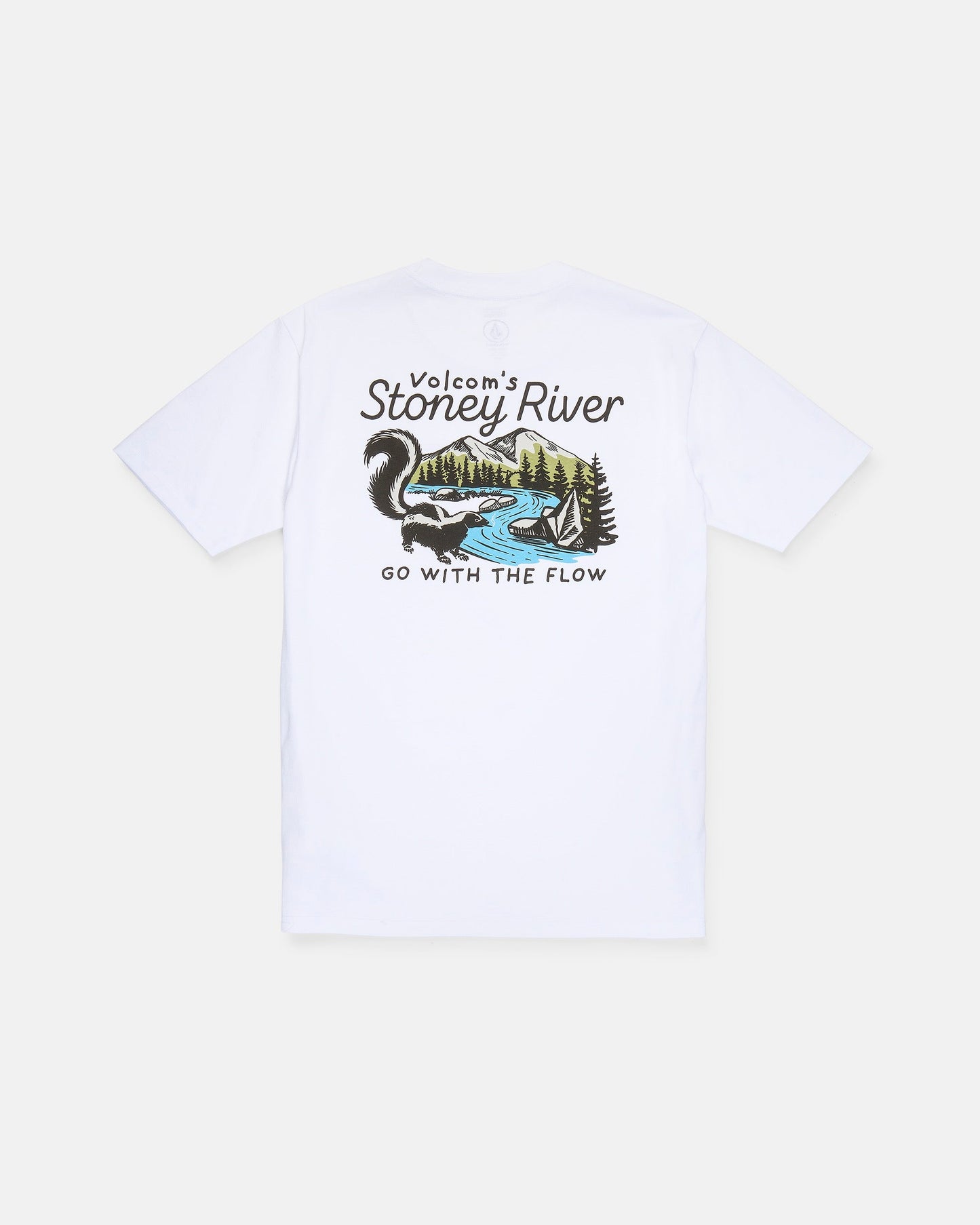 The Men's Stoney River Short Sleeve Tee by Volcom is crafted from premium ring spun cotton and features a graphic on the back depicting a river, trees, and hills. The design includes "Volcom’s Stoney River" text above the artwork and "Go With The Flow" below, finished with a soft-hand screen print for lasting comfort and style.