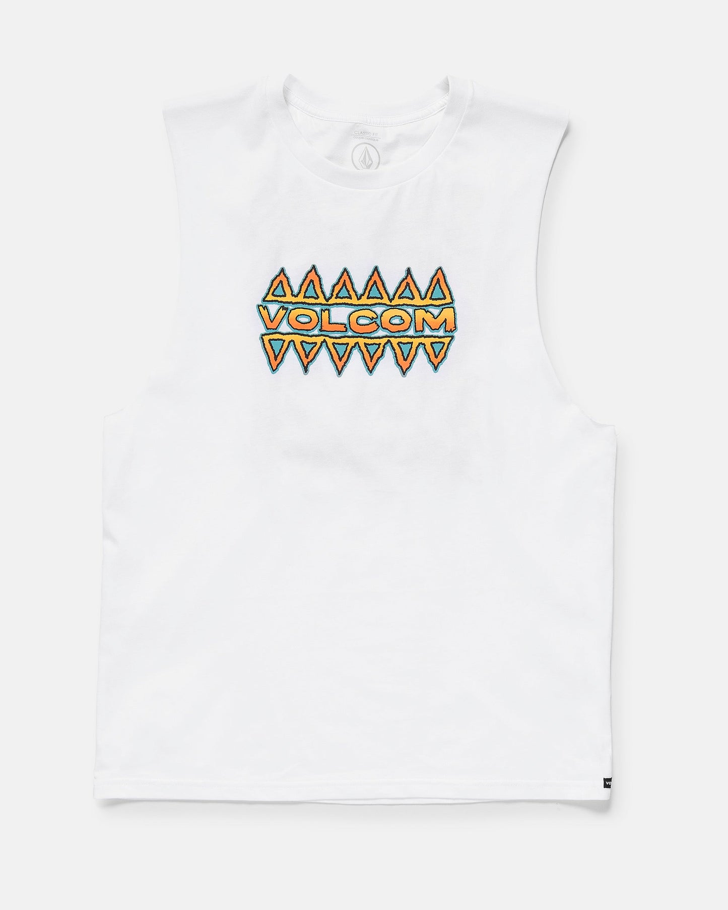 White sleeveless shirt with Volcom logo on a white background