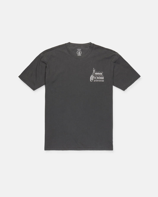 The Volcom Men's Fear No Beer Short Sleeve Tee is a black, loose-fit cotton t-shirt featuring a small white DNA helix and "Fear No Beer" text graphic on the left chest, shown laid flat on a white background.