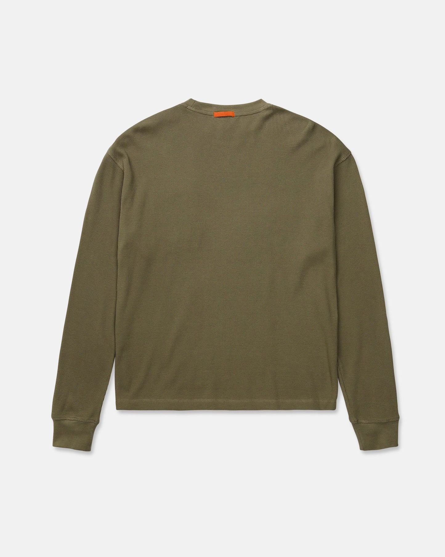 Volcom Men's Overtime Workwear Thermal Long Sleeve Shirt in olive green, shown from the back, features ribbed cuffs and a small orange tag near the collar. Made from soft cotton knit fabric, this thermal shirt delivers comfort and durability for demanding workwear needs.