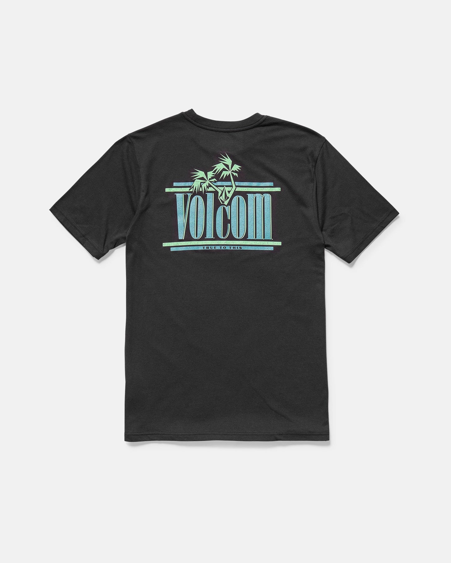 The Volcom Men's Breathe Deep Short Sleeve Tee features a modern fit and a large back logo accented with turquoise and light green palm trees and lines, offering a tropical, surf-inspired style.