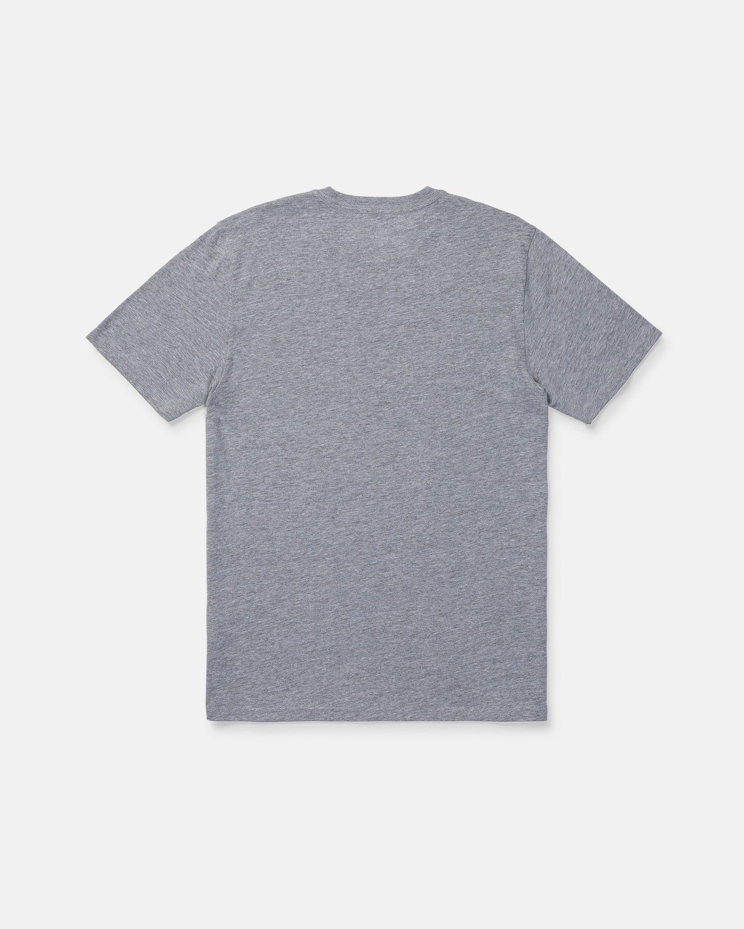 A Volcom Men's Filled Out Short Sleeve Tee in heather gray is laid flat, viewed from the back, on a white background. This medium-weight tee provides comfort and versatility for everyday wear.