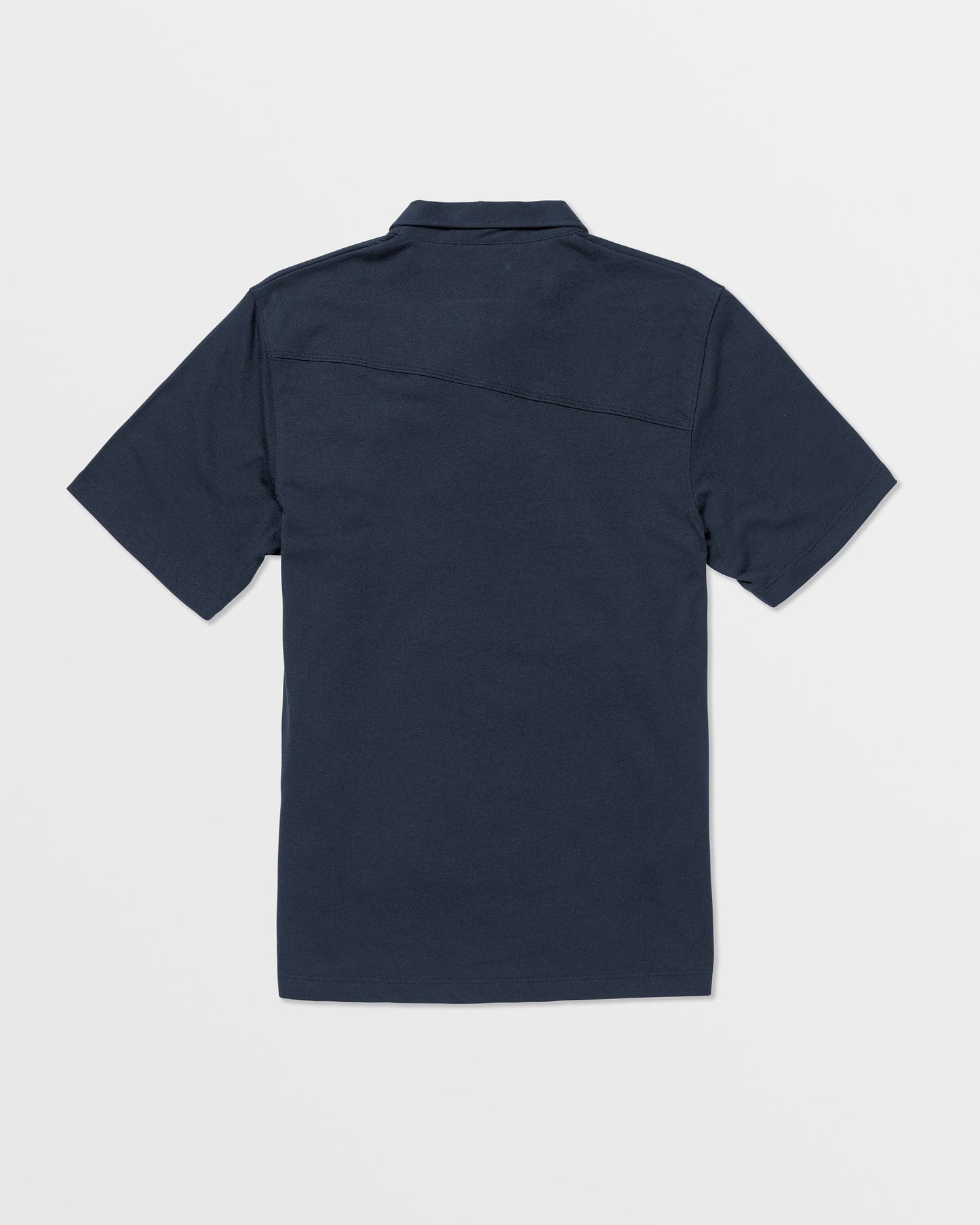 The Volcom Kids' Wowzer Polo Short Sleeve Tee is a navy blue modern fit shirt, shown from the back and laid flat on a white background. Made from a comfortable cotton-poly blend.