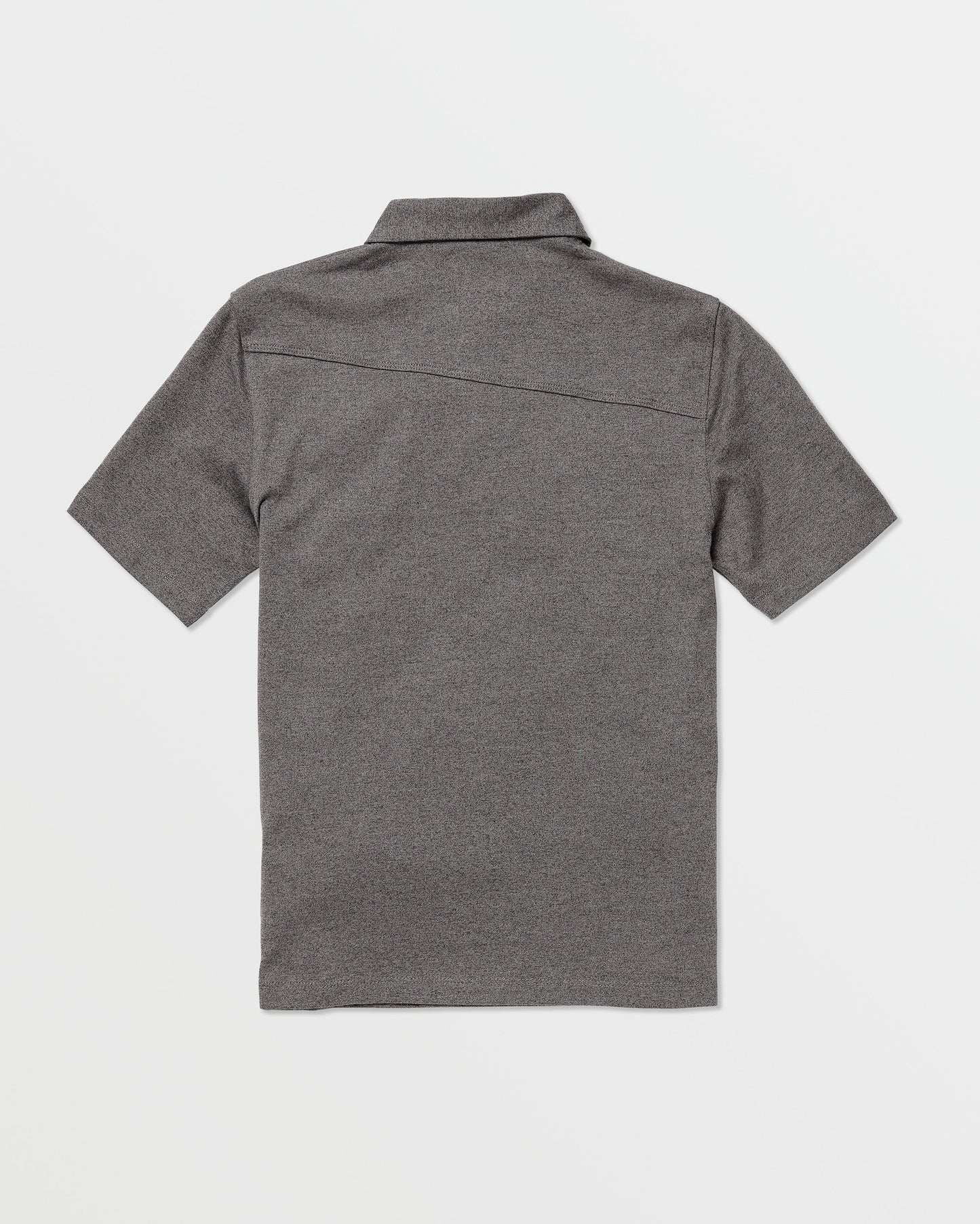 The Volcom Kids' Wowzer Polo Short Sleeve Tee is shown in heather gray, laid flat with the back side up. This modern fit polo features a straight hem, simple collar, and soft cotton-poly blend on a plain white background.
