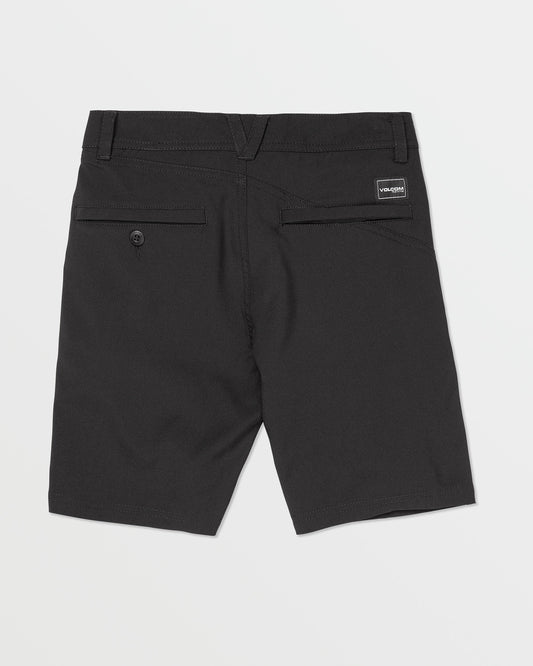 Shown from the back, the Volcom Kids' Big Boys Frickin Cross Shred Static Shorts feature belt loops, two rear welt pockets (one with a button), a brand label above the right pocket, and are made with recycled polyester for comfort.