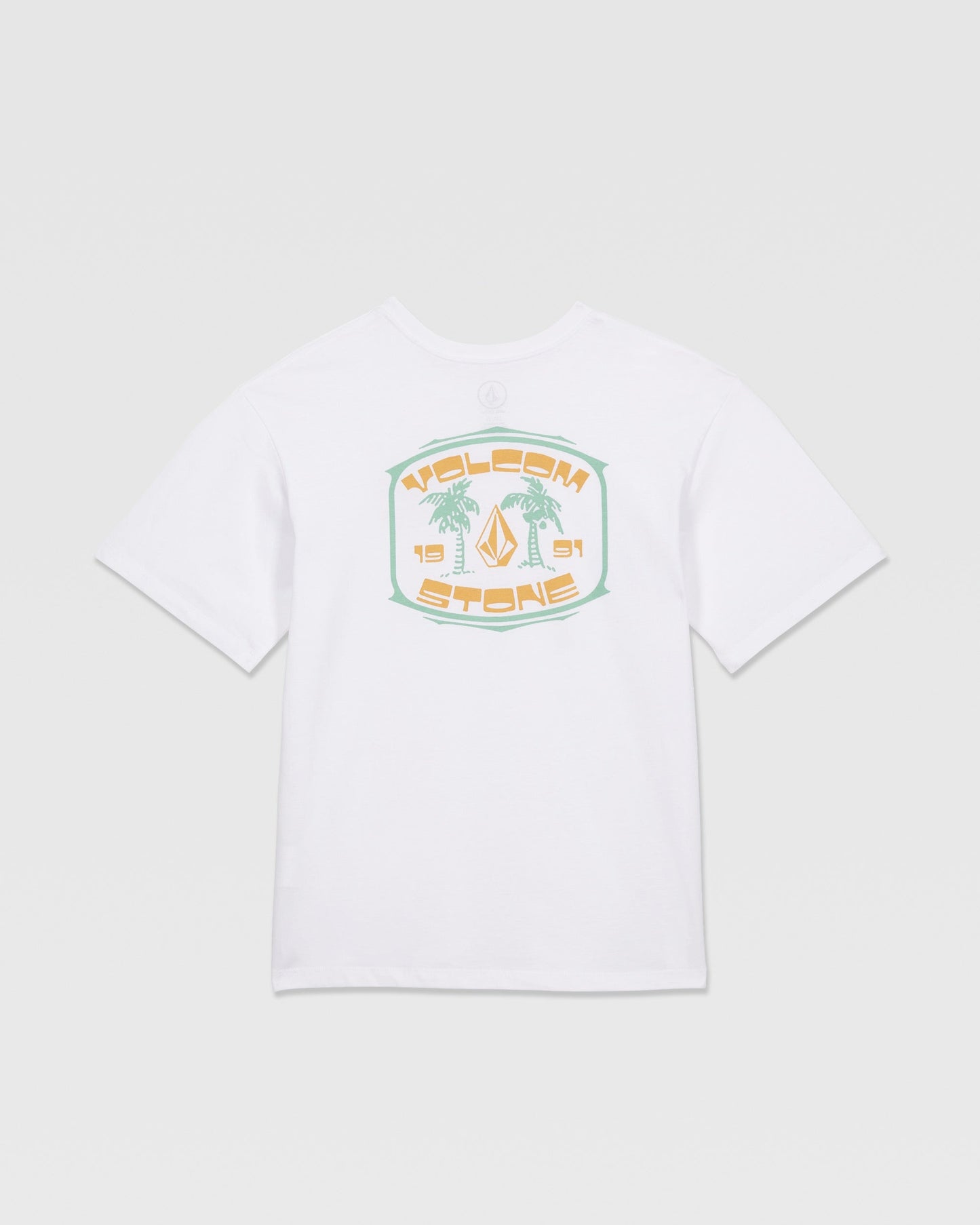 The Volcom Kids' 91 Palm Short Sleeve Tee features a large back graphic with two palm trees, the Volcom Stone logo, and “Volcom Stone 1991” in pastel tones—ideal with loose fit denim for an easygoing, stylish vibe.