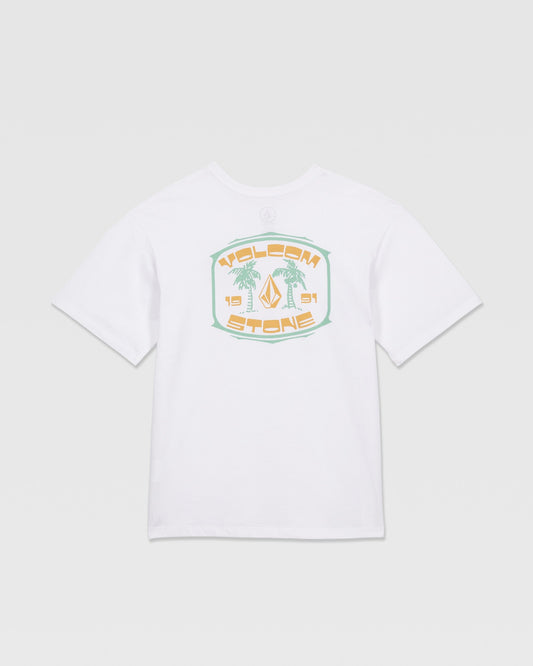 The Volcom Kids' 91 Palm Short Sleeve Tee features a large back graphic with two palm trees, the Volcom Stone logo, and “Volcom Stone 1991” in pastel tones—ideal with loose fit denim for an easygoing, stylish vibe.