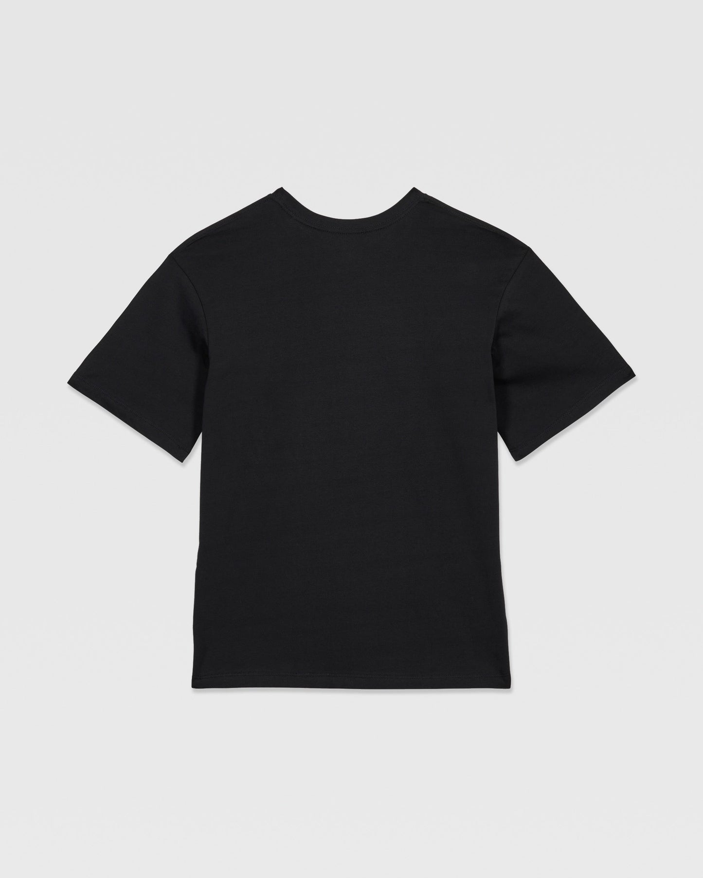 The Volcom Kids' Rockout Short Sleeve Tee, a relaxed fit black boys' t-shirt, is shown laid flat with the back facing up against a white background.