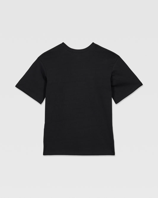 The Volcom Kids' Rockout Short Sleeve Tee, a relaxed fit black boys' t-shirt, is shown laid flat with the back facing up against a white background.