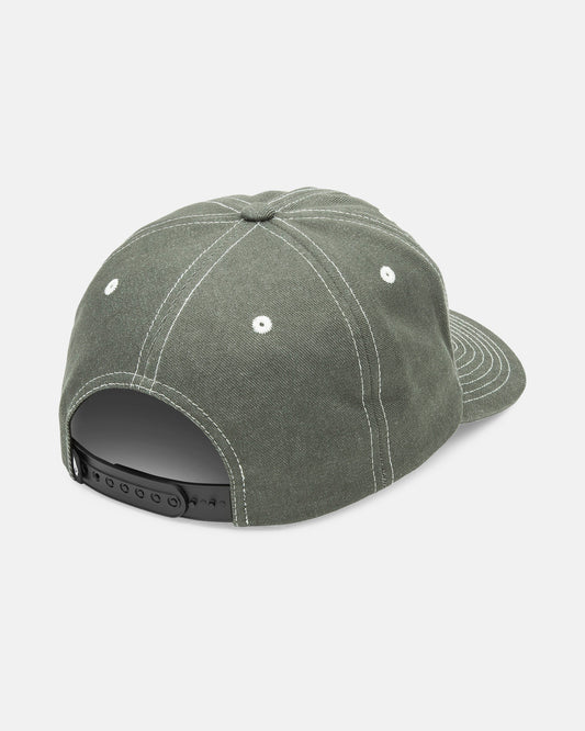 The Volcom Men's Chops Adjustable Hat is a dark green cotton twill baseball cap with white stitching, black snapback closure, white eyelets for ventilation, and subtle graphic embroidery at the back.