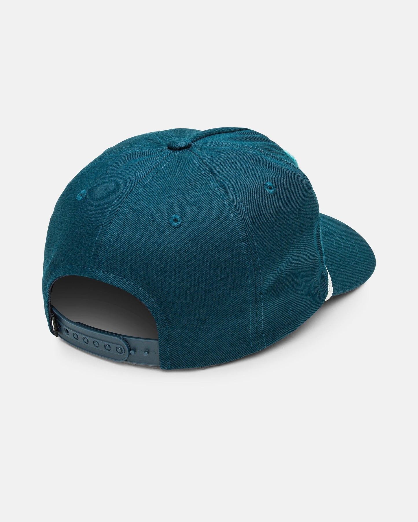 The Volcom Men's Stoney Mountain Hi Adjustable Hat, shown from the back in teal cotton twill, features a snapback closure and stitched eyelets for ventilation.