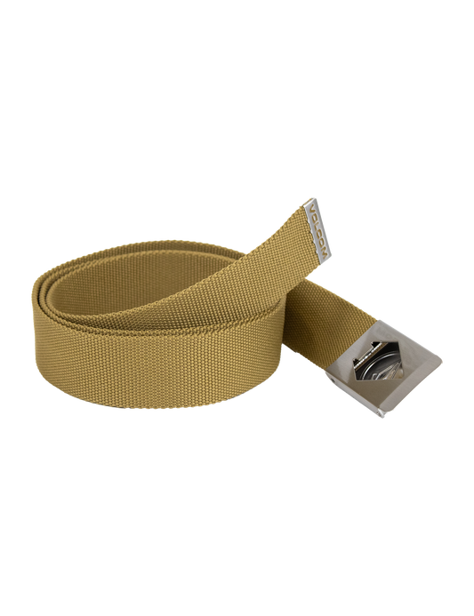 The Volcom Men's Circle Web Belt, made from tan woven fabric and featuring a silver rectangular metal buckle, is partially rolled up and displayed on a white background.