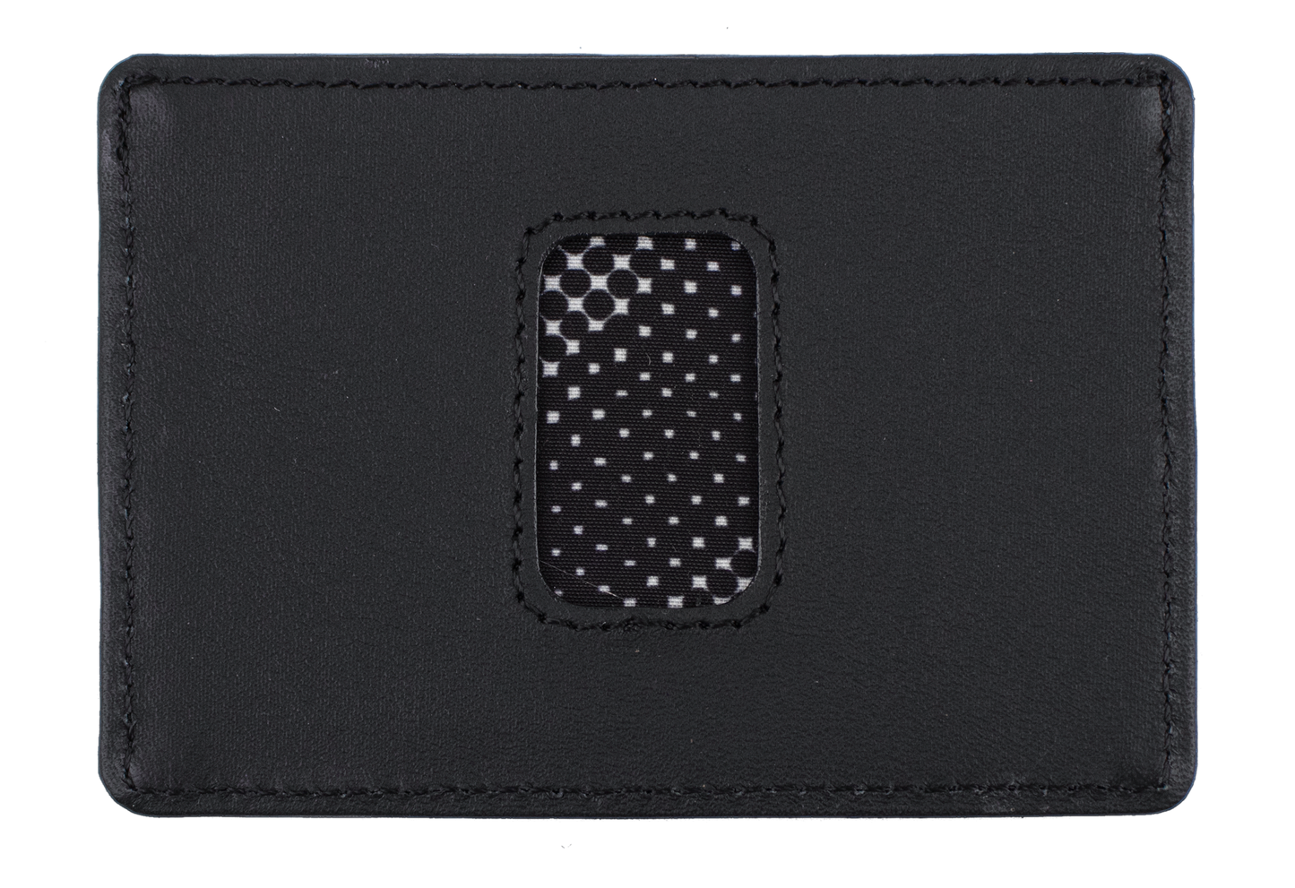 A black leather card holder by Volcom, featuring an oval mesh window in the center that reveals a black and white polka dot pattern. Named the Men's Primo Cardholder, this slim wallet blends style and everyday functionality for your essentials.