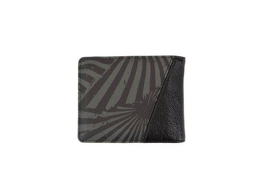 The Volcom Men's Solidstone Bifold wallet features an abstract striped pattern in black and gray with a textured black leather corner, displayed against a plain white background.
