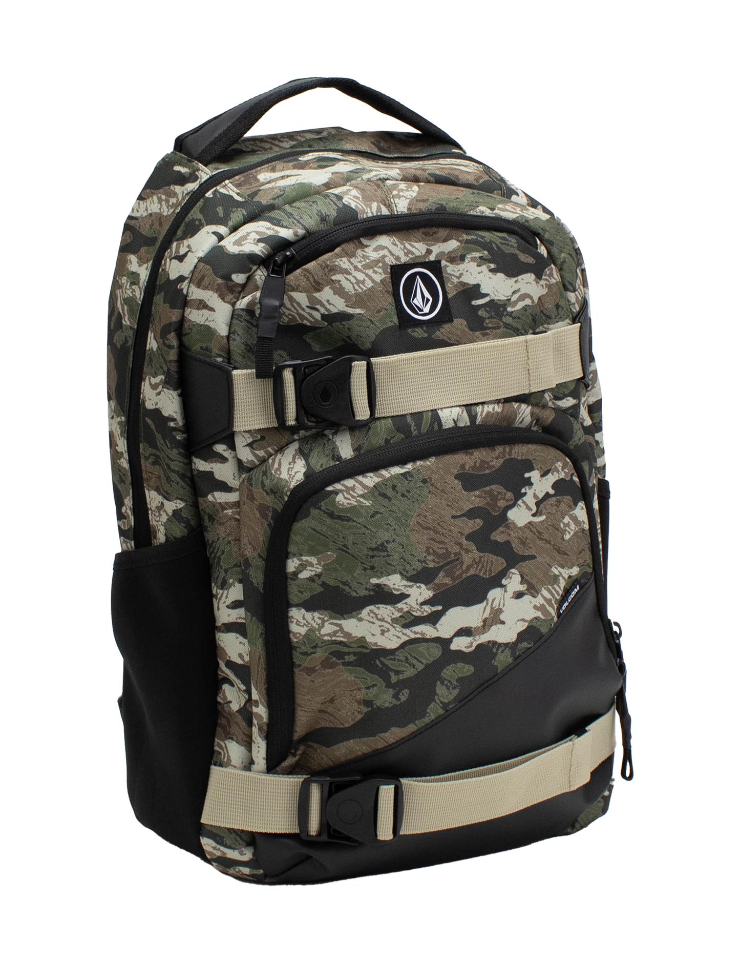 The Volcom Men's Grindstone Skate Backpack features a camo pattern with beige adjustable straps, a black bottom, multiple compartments, a dedicated laptop sleeve, and a front logo patch, shown against a white background.