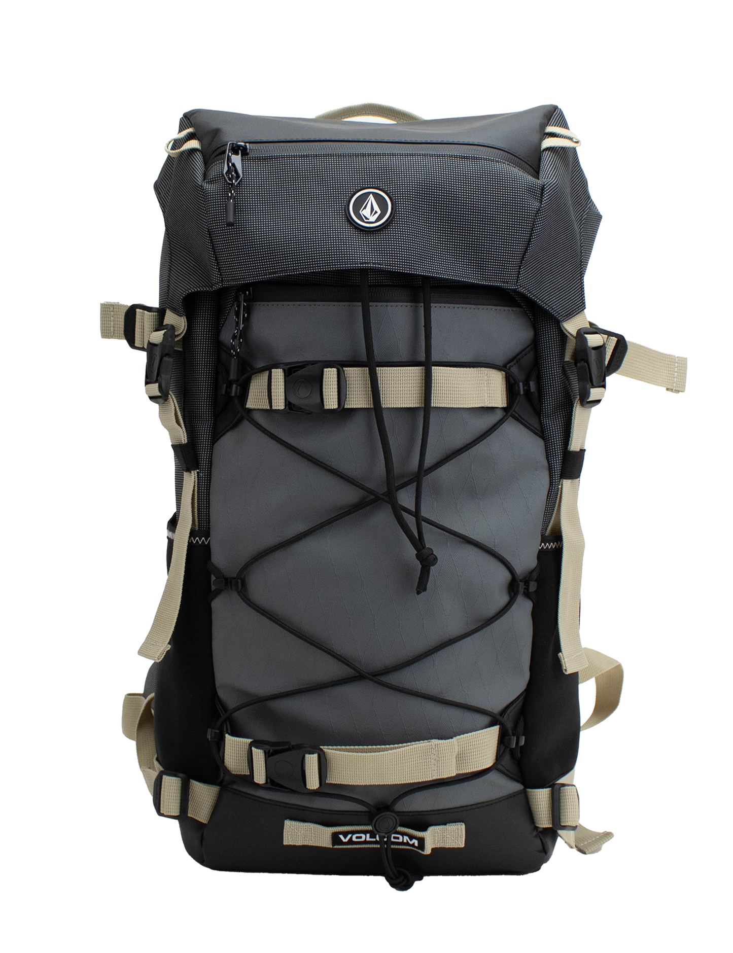 The Men's Peakstone Mountain Backpack by Volcom features a sleek black and gray design with beige straps, external bungee cords, and a convenient front zipper pocket. The iconic Volcom logo accents the top front flap, making this rugged daypack ideal for hiking excursions or resort riding adventures.