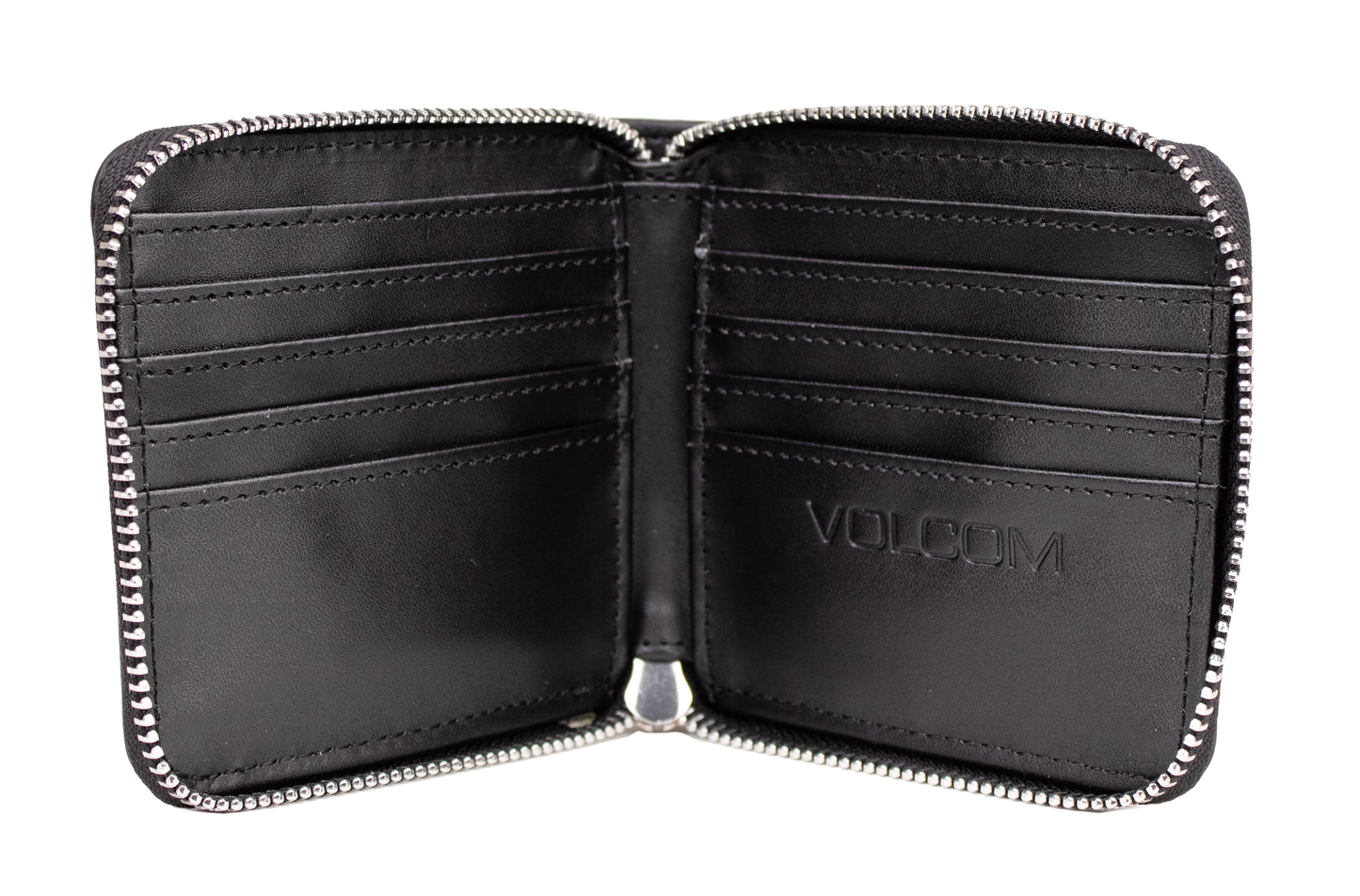 Here’s the rewritten sentence using your product data: Open Women's Studette Wallet by Volcom in black leather, featuring a zipper closure, eight card slots, and "VOLCOM" embossed on the inside right panel. This compact wallet is shown empty against a white background.