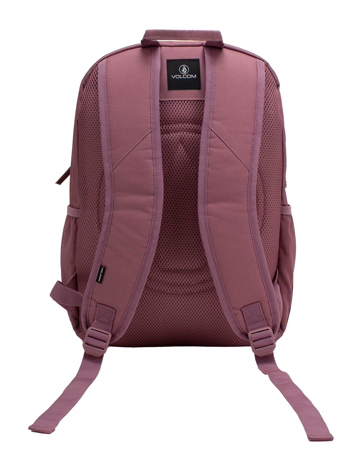 The Volcom Women's Study Buddy Backpackq in mauve is displayed from the back against a white background, highlighting its padded shoulder straps, mesh back panel, interior padded laptop sleeve, and adjustable bottom straps.