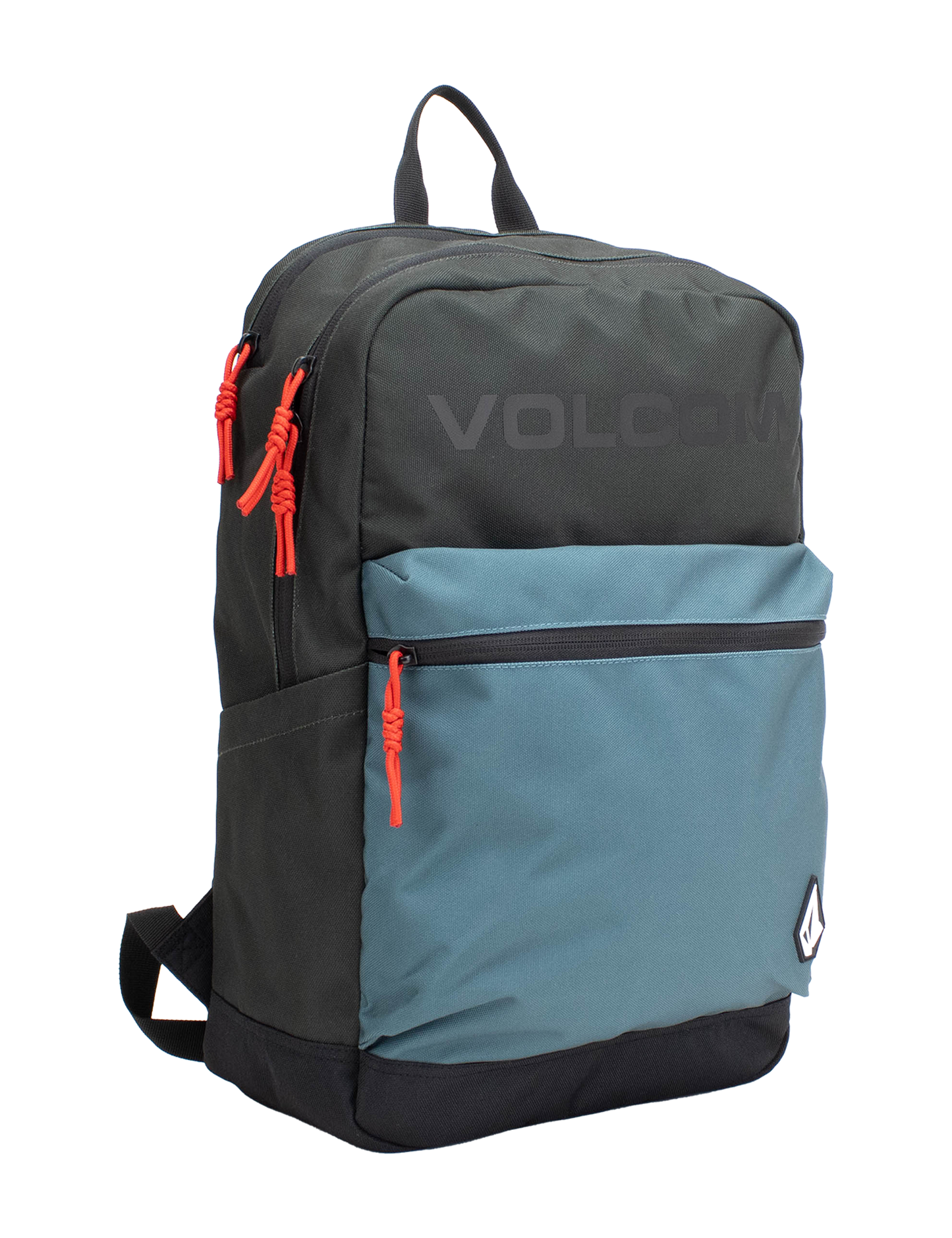 Introducing the Volcom Men's School Backpack in Balsam Green, featuring a black main body, a blue front pocket, and red zipper pulls. A small white Volcom logo accents the lower front, while the brand name is subtly printed near the top. Designed with comfort and practicality in mind, this backpack includes ergonomic straps and a padded laptop sleeve to keep your essentials secure and organized.