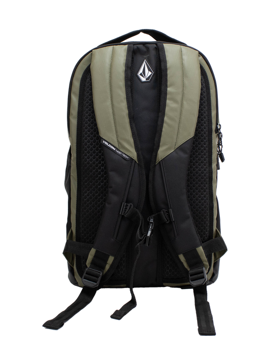 Presenting the Volcom Men's Venture Backpack in black and olive green, featuring padded shoulder straps, mesh backing, and a distinctive geometric logo on the top pocket. This backpack offers a spacious 22L capacity and includes a padded laptop sleeve, shown photographed against a plain white background.