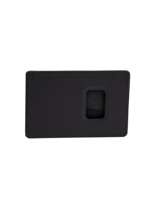 The Volcom Men's Primo Dos Cardholder is a black, rectangular accessory featuring a small transparent window that reveals part of the inner pocket. Visible stitching accents the edges, and it is photographed against a plain white background.