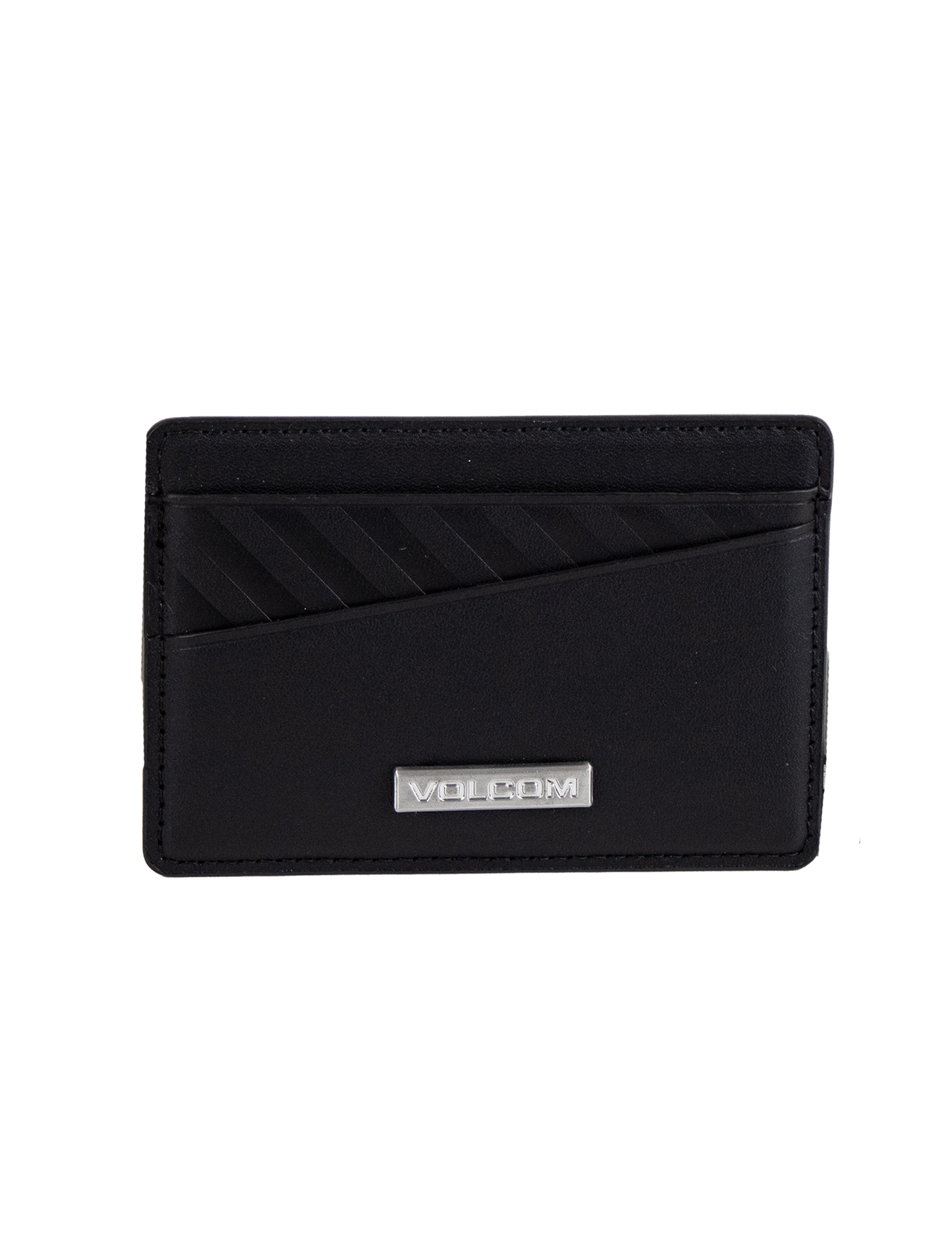 The Volcom Men's Primo Dos Cardholder features a sleek black design with diagonal textured lines on the top left and is accented by a silver metal plate engraved with "VOLCOM" at the bottom center, displayed against a plain white background.