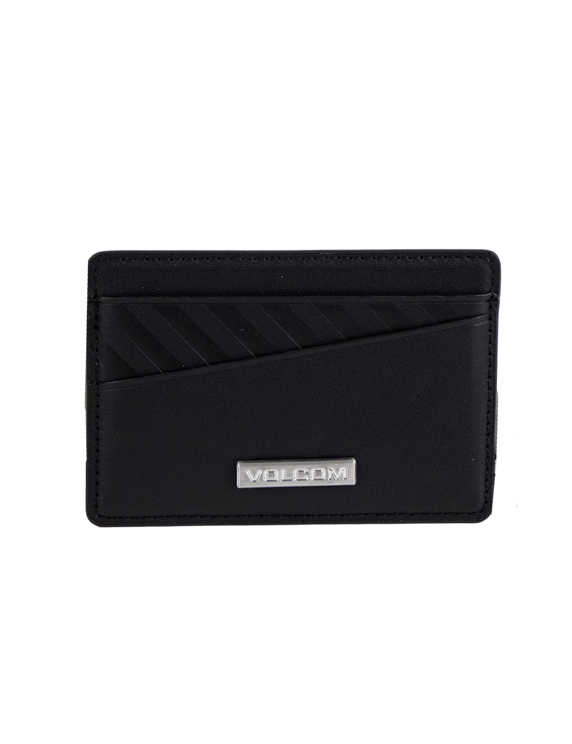 The Volcom Men's Primo Dos Cardholder features a sleek black design with diagonal textured lines on the top left and is accented by a silver metal plate engraved with "VOLCOM" at the bottom center, displayed against a plain white background.