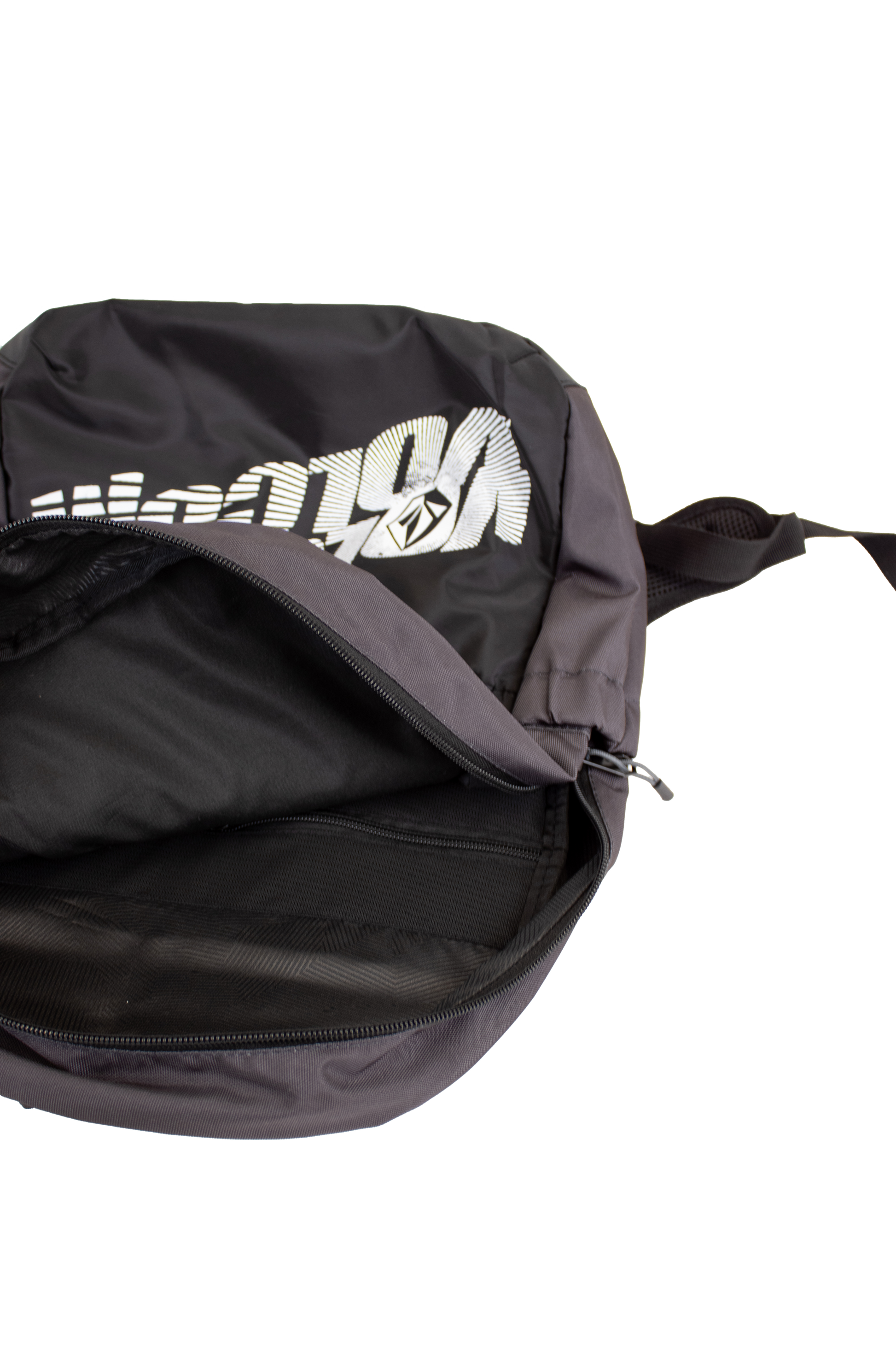 A black Volcom Men's Summer School backpack with a partially open zipper reveals its empty interior. This lightweight backpack features bold white graphic text on the front and includes a convenient laptop sleeve for easy organization.