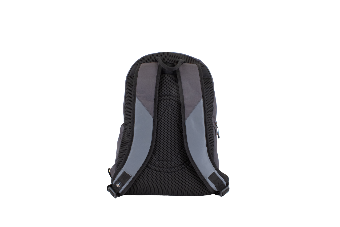 A black and gray Volcom Men's Summer School Backpack is displayed from the back, highlighting its padded shoulder straps, mesh padding, and convenient laptop sleeve against a plain white background.