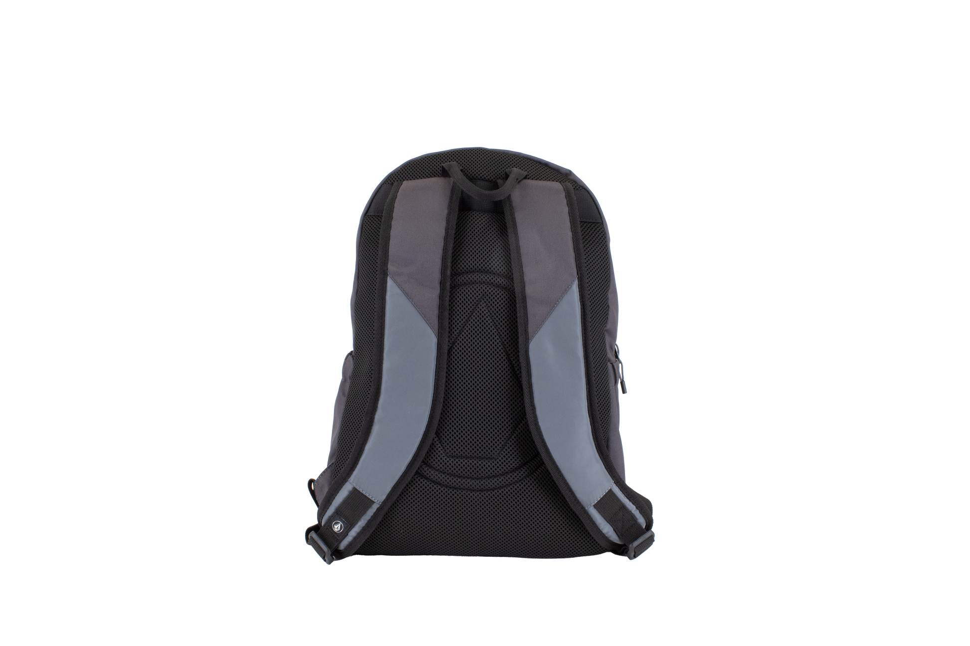 A black and gray Volcom Men's Summer School Backpack is displayed from the back, highlighting its padded shoulder straps, mesh padding, and convenient laptop sleeve against a plain white background.
