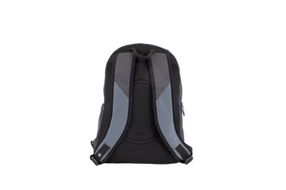 A black and gray Volcom Men's Summer School Backpack is displayed from the back, highlighting its padded shoulder straps, mesh padding, and convenient laptop sleeve against a plain white background.