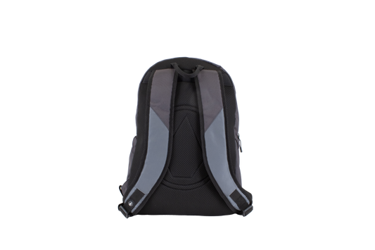 A black and gray Volcom Men's Summer School Backpack is displayed from the back, highlighting its padded shoulder straps, mesh padding, and convenient laptop sleeve against a plain white background.