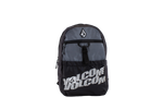 Introducing the Volcom Men's Summer School Backpack in black and gray, designed with a lightweight build. It features a front zipper pocket, a secure top zipper, and displays the iconic white Volcom logo and text printed on the front pocket. Perfect as your ideal Summer School backpack, it also comes equipped with a convenient laptop sleeve for all your tech essentials.