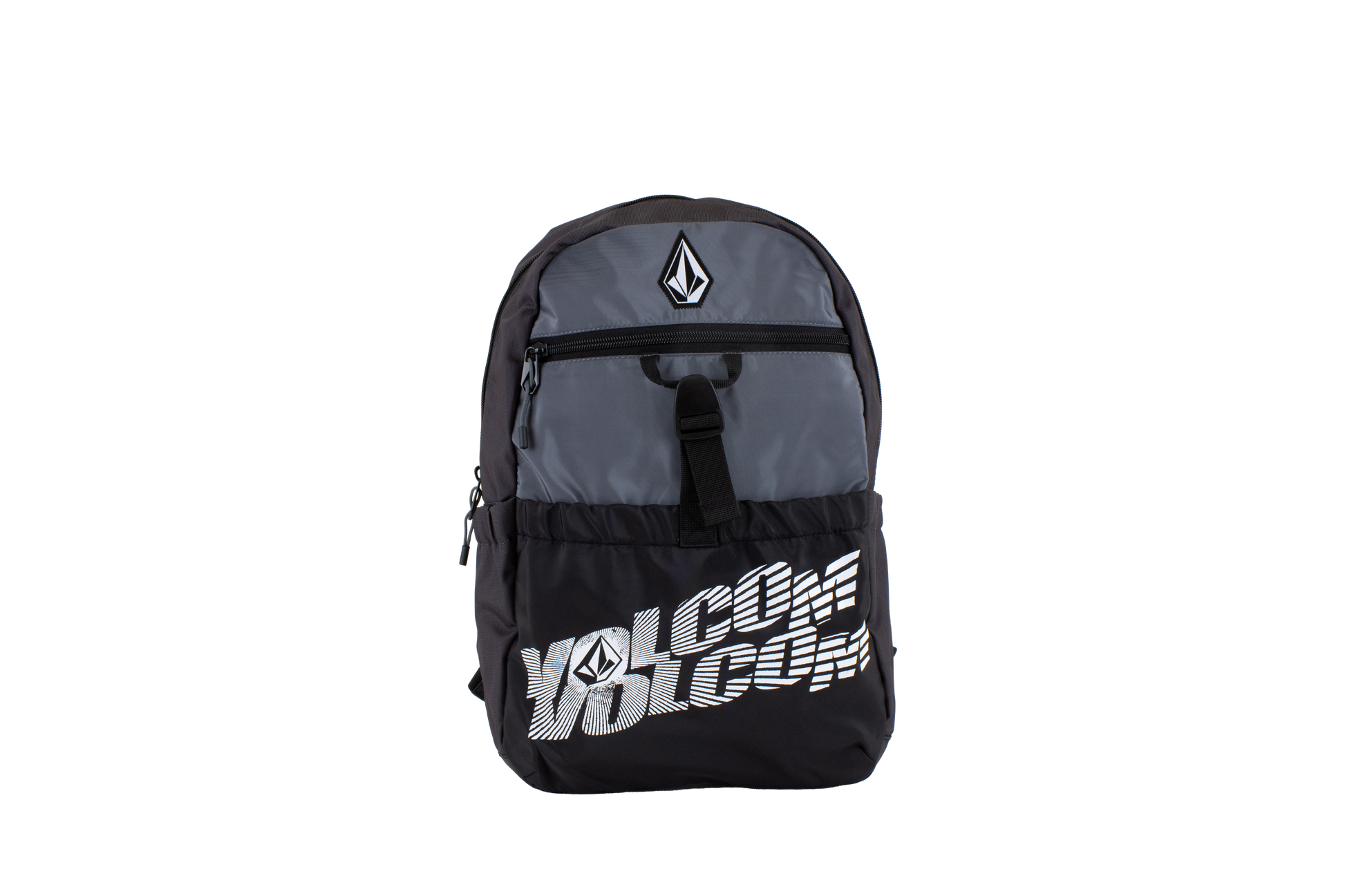 Introducing the Volcom Men's Summer School Backpack in black and gray, designed with a lightweight build. It features a front zipper pocket, a secure top zipper, and displays the iconic white Volcom logo and text printed on the front pocket. Perfect as your ideal Summer School backpack, it also comes equipped with a convenient laptop sleeve for all your tech essentials.