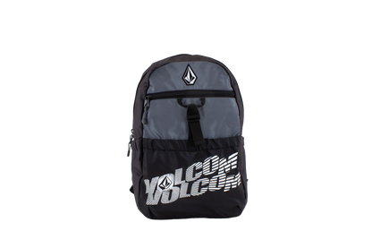 Introducing the Volcom Men's Summer School Backpack in black and gray, designed with a lightweight build. It features a front zipper pocket, a secure top zipper, and displays the iconic white Volcom logo and text printed on the front pocket. Perfect as your ideal Summer School backpack, it also comes equipped with a convenient laptop sleeve for all your tech essentials.