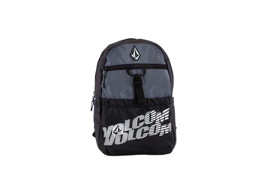 Introducing the Volcom Men's Summer School Backpack in black and gray, designed with a lightweight build. It features a front zipper pocket, a secure top zipper, and displays the iconic white Volcom logo and text printed on the front pocket. Perfect as your ideal Summer School backpack, it also comes equipped with a convenient laptop sleeve for all your tech essentials.